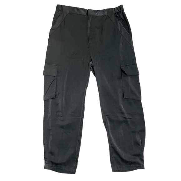 Rm Rebecca Minkoff Xl Black Satin Mid-Rise Tapered At Ankle Zip Up Cargo Pants